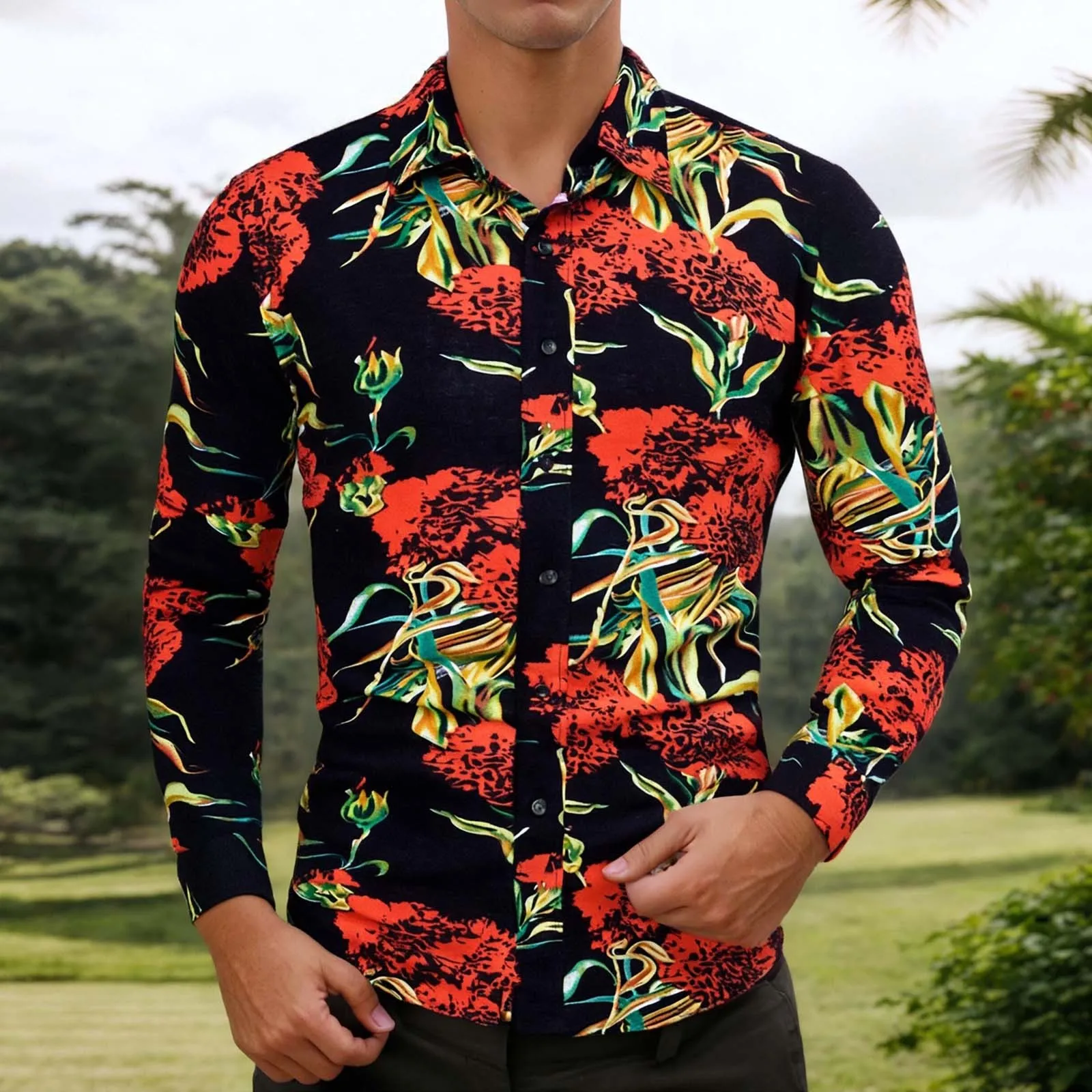 

Мужские рубашки с цветочным принтом, пляжная одежда, стильные топы с принтом, эластичная удобная универсальная мужская рубашка на пуговицах в стиле тропического отдыха в стиле ретро