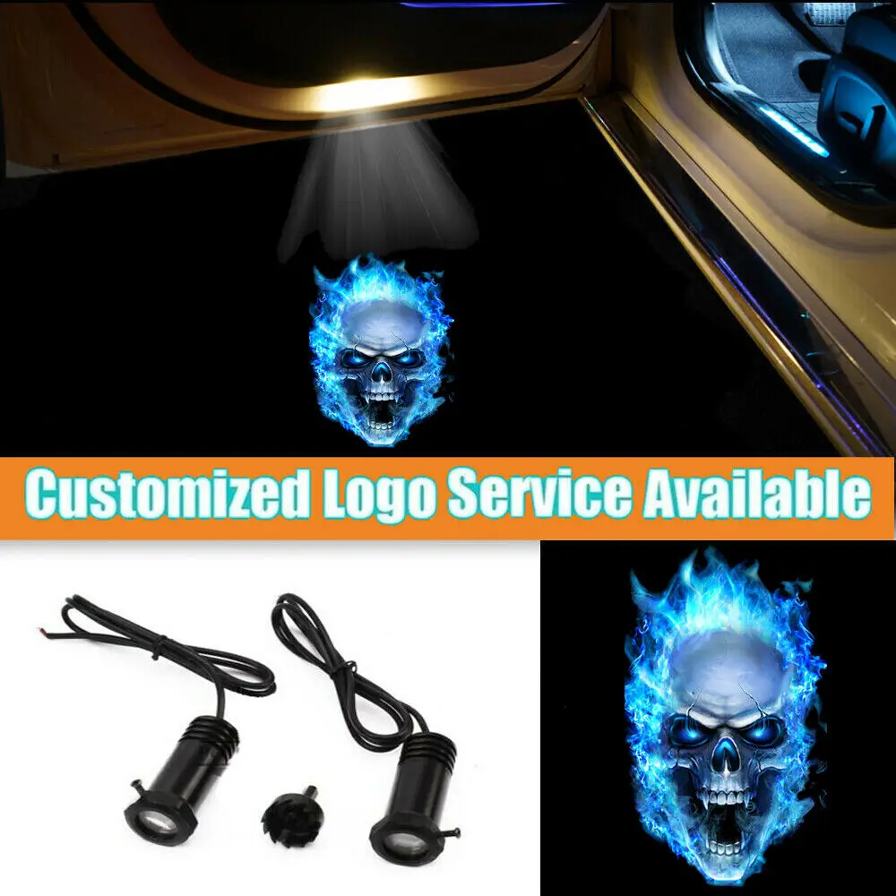 2pcs Wired LED Ice Blue Flame Skull Logo Car Door Welcome Light Shadow Projector