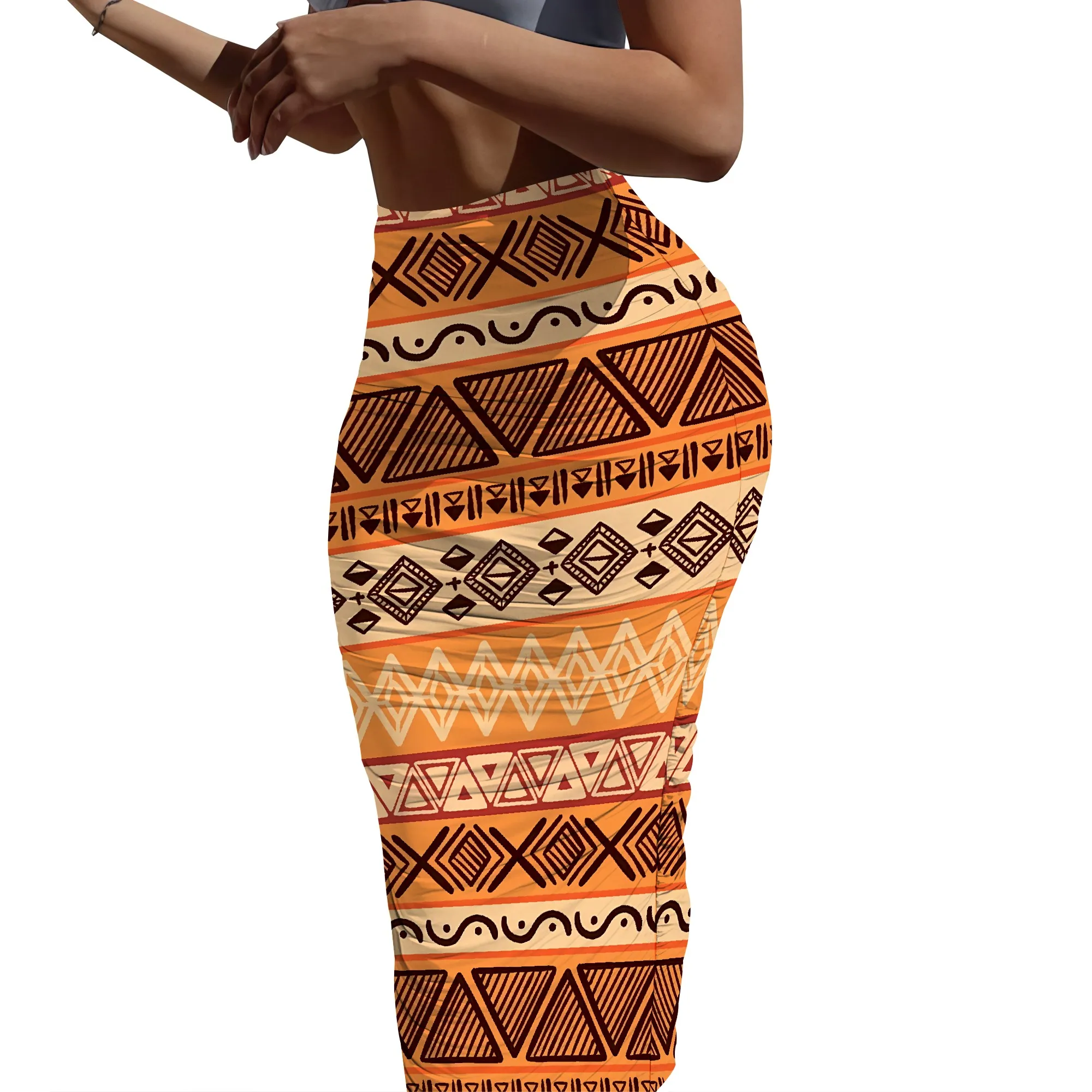 Nupusa Falda con estampado geométrico tribal naranja para mujer Falda larga ajustada informal de cintura alta