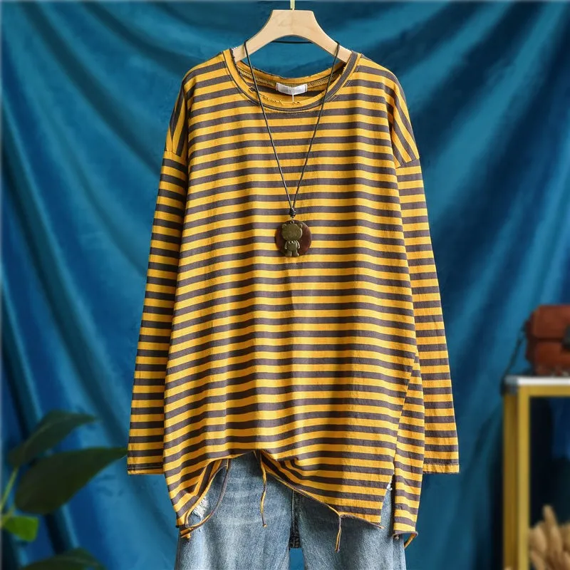 Spring Summer New Arts Style Women Long Sleeve Hole Design Loose O-neck Tee Shirt Femme Tops Cotton Stripe Casual T-shirt C863