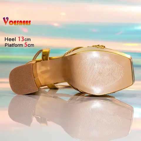 13 सेमी चंकी हाई हील्स समर स्क्वायर टो प्लेटफॉर्म सैंडल महिलाओं के लिए यूरोप और अमेरिका गोल्ड हॉलो आउट बकल स्ट्रैप पार्टी शूज़ 8 best sales सोने की ऊँची एड़ी - №4