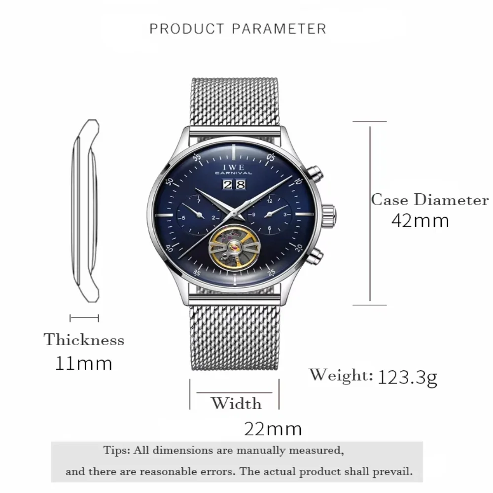 Iw carnaval movimento automático relógios de pulso mecânicos multi-funcional à prova dwaterproof água negócios espelho de safira sintética relógio masculino