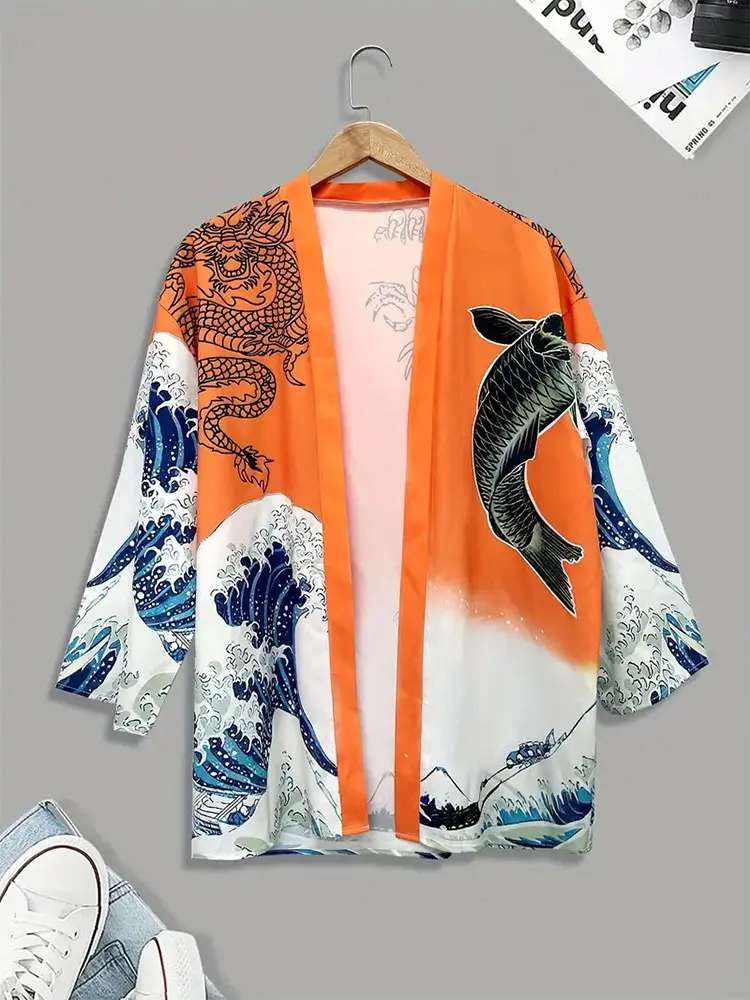 Pakaian Pria Cardigan Santai Liburan Luar Ruangan, Kimono Tradisional Jepang, Cardigan Pria Cetak 3D Motif Gelombang Kimono Tradisional
