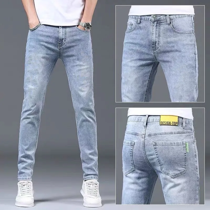 2023 Spring and Autumn New Fashion Solid Color Holes Small Feet Pants Men Casual Slim Comfortable Elastic High-Quality Jeans 36