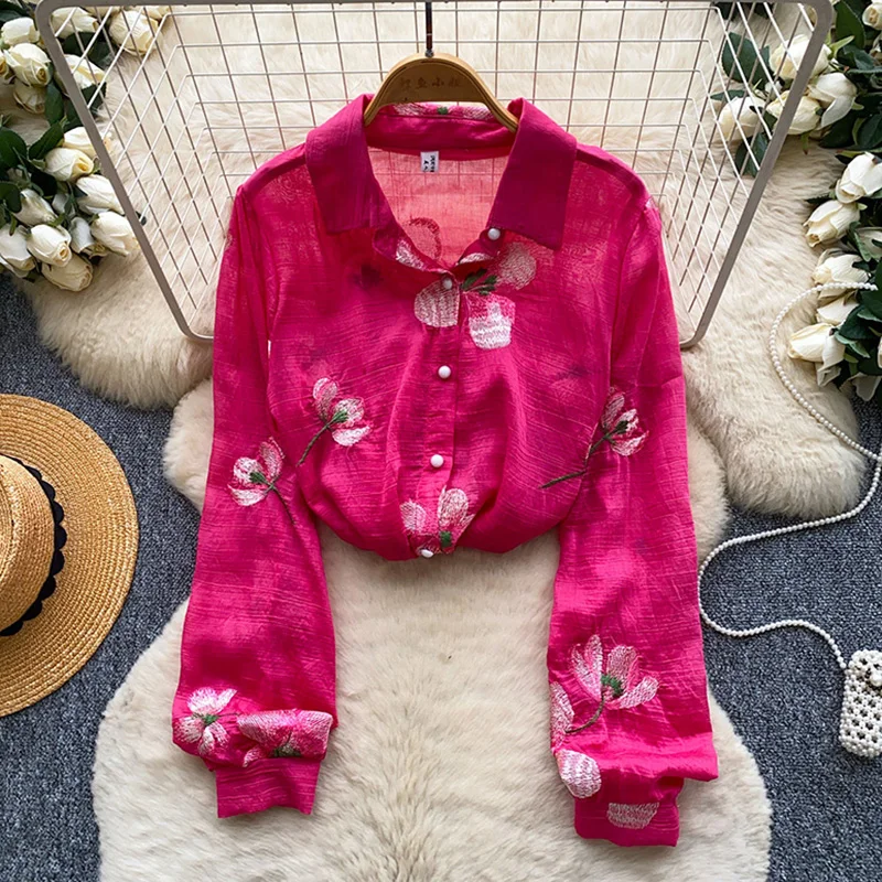 

Korean Style Floral Embroidered Cardigan Women Summer Loose Fit Breathable Long Sleeve Open Front Shirt Blouse Female BL485