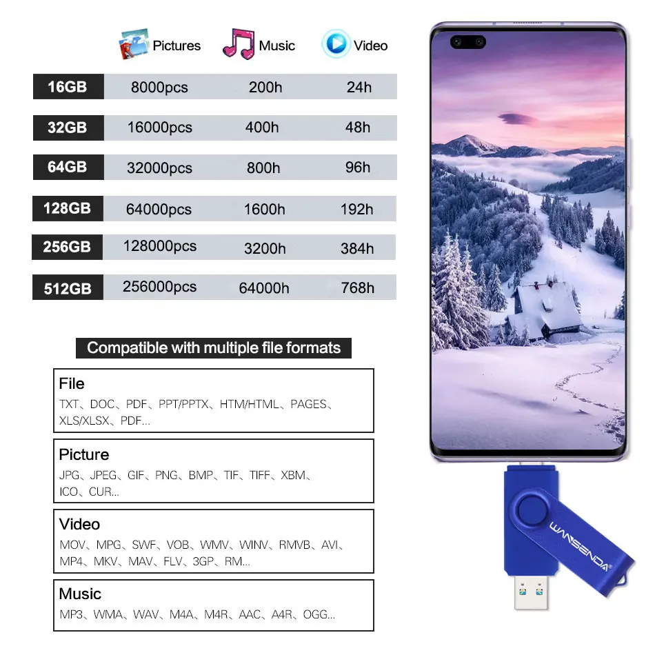 WANSENDA USB Flash Drive 128GB 256GB TYPE C Pendrive 16GB 32GB 64GB 512GB Type-C & Type-A Memory Stick for Smartphones/Tablet PC