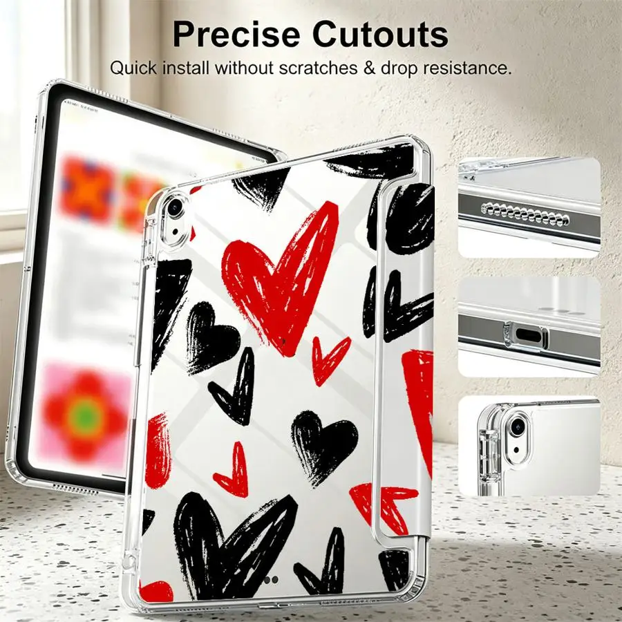 With Pen Slot Cover Tablet Case For Samsung Galaxy Tab S9 Plus S8 A8 A9 Plus S10 Lite A11 S7 FE Cute Red And Black Love Heart
