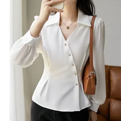 Elegant Chic Asymmetrical Office Lady Black Button Up Shirt Spring Autumn Fashion V Neck Long Sleeve Slim Tops Blouses for Women