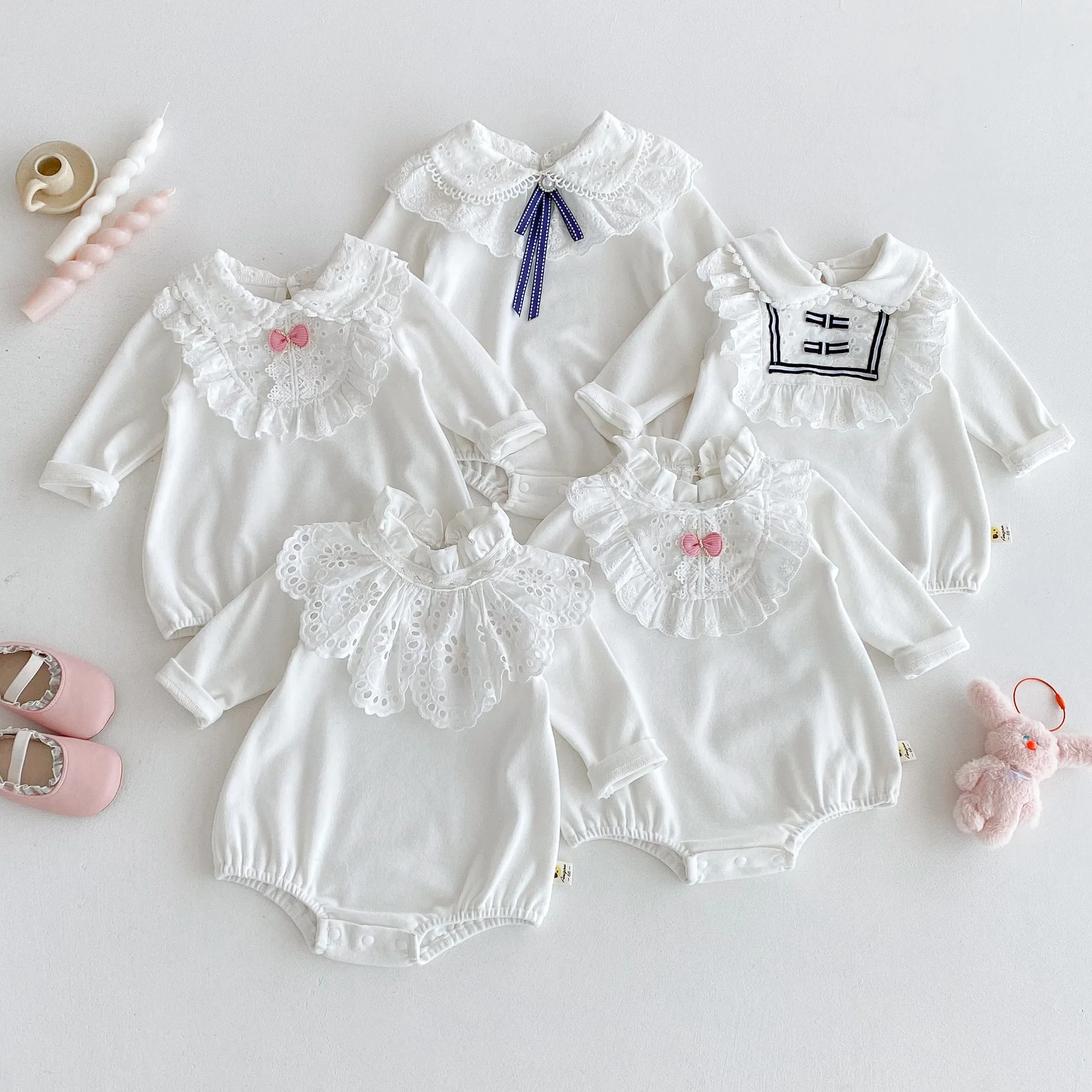 

2025 Autumn New Baby Girl Long Sleeve Bodysuit Cute Lace Collar Newborn Sweet Princess Jumpsuit Cotton Infant Toddler Clothes