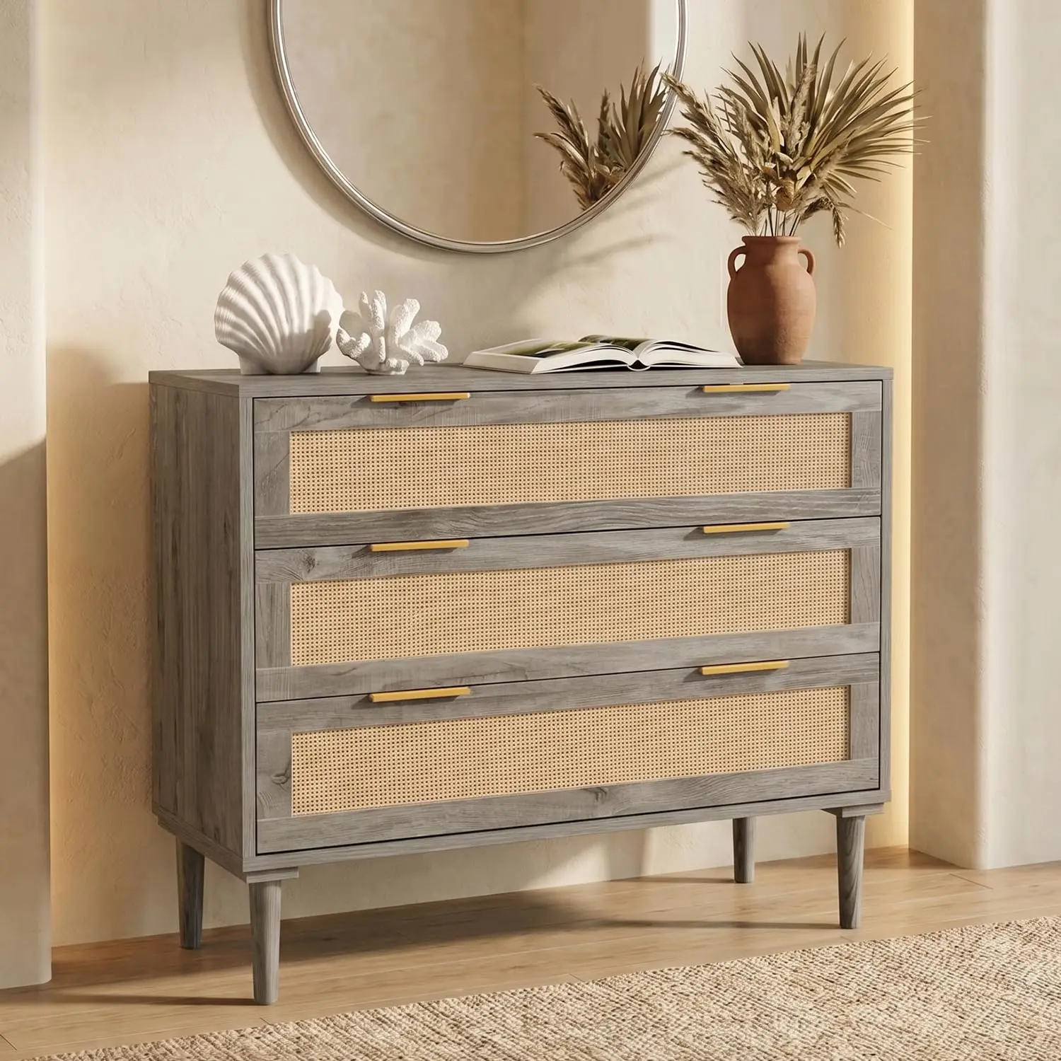 Large Nightstand Rattan Drawer 3 Drawer Bedside Table Bedroom Wooden End Table Queen & King Bed, Customized