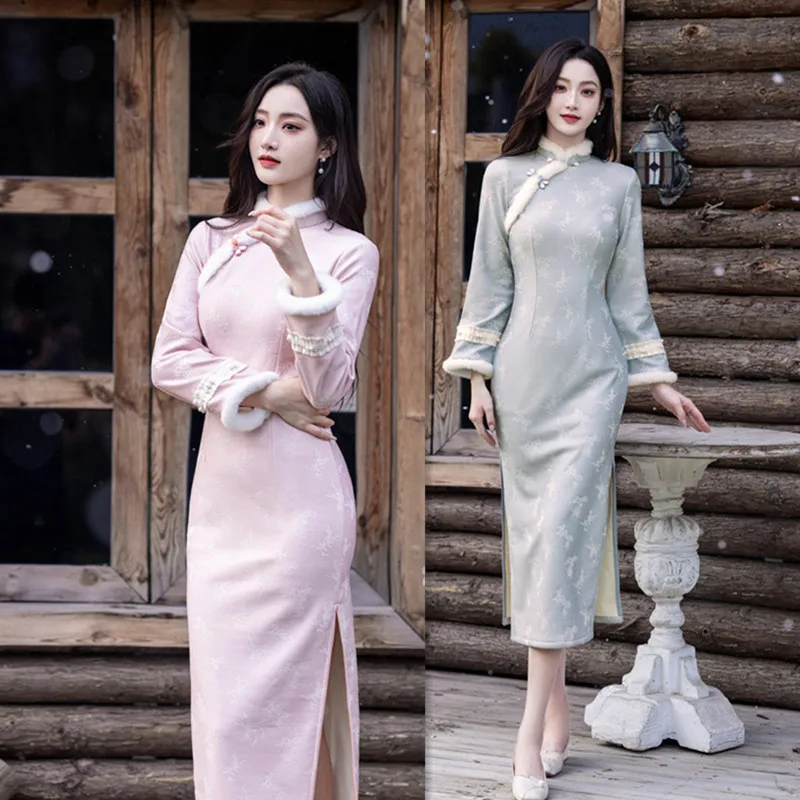 

Yourqipao Fashion Improved New Chinese Style Long Fur Collar Cheongsam for Young Girls 2025 Autumn and Winter Daily Cheongsam