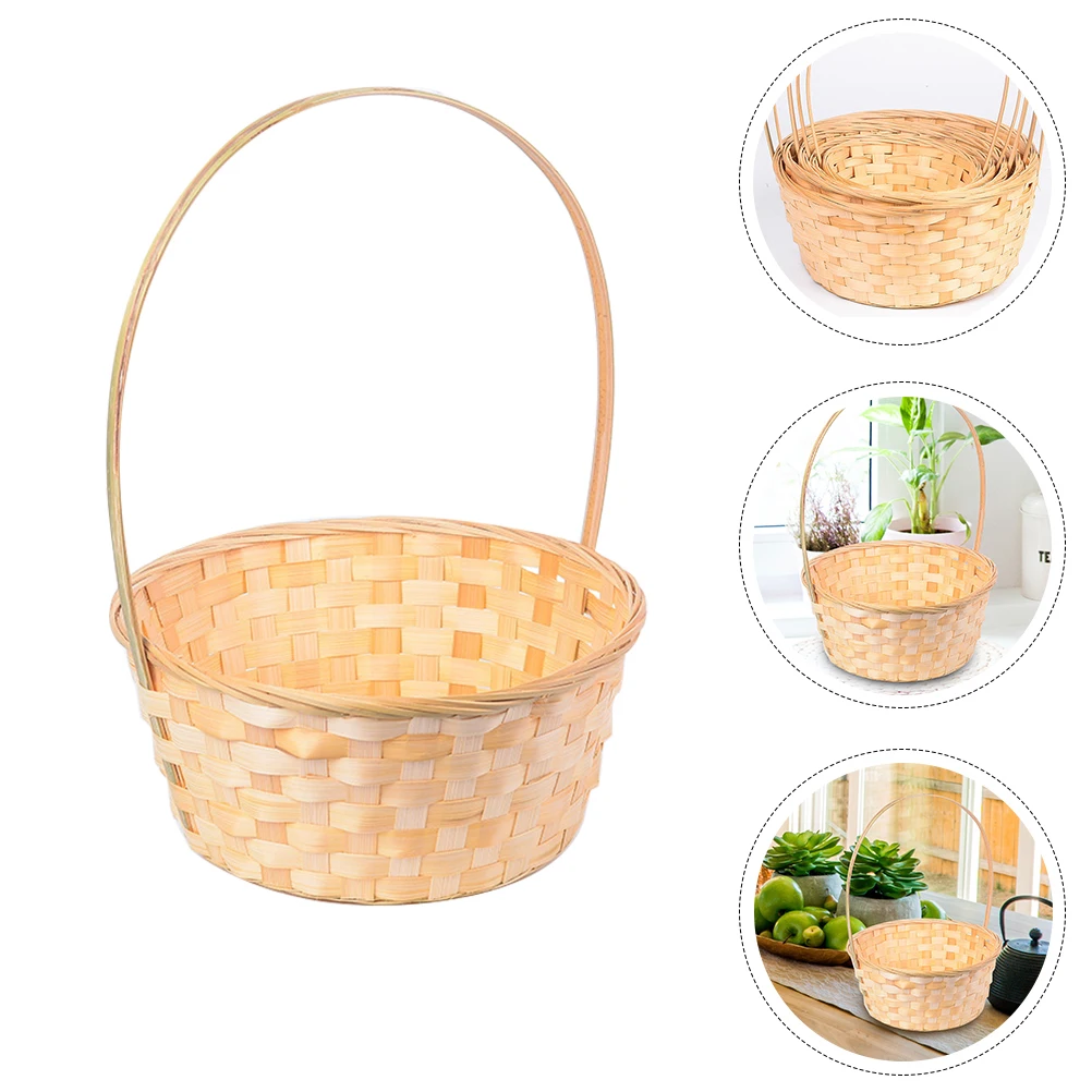 

2pcs Bamboo Jacquard Basket Woven Flower Handle Storage Decorative Kitchen Fruit Snack Home Garden Baskets