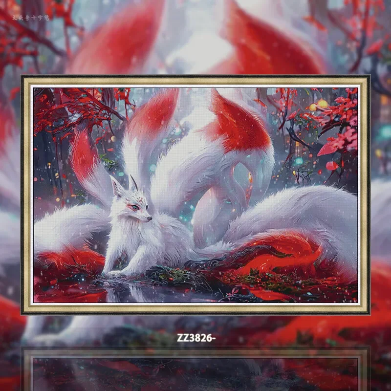 [ZZ3826-Ancient Divine Beast Nine-tailed Fox]11CT 14CT 16CT DIY Stamped Cross Stitch Kit with Printed Canvas and Cotton Threads