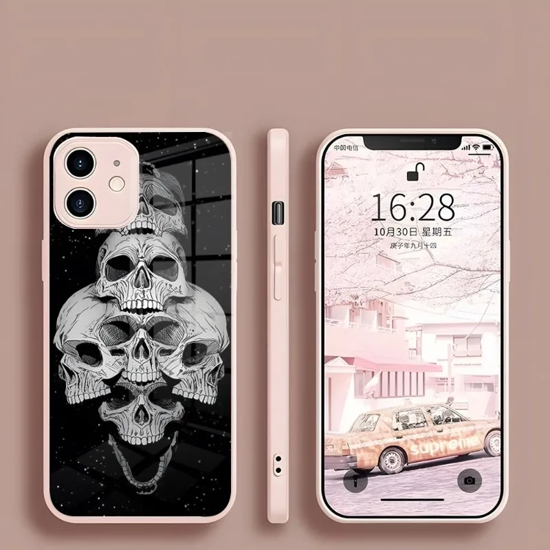 Skeleton Rock Phone Case For Iphone 15 14 13 Pro Max 12 11 Xr X Xs Mini 6 7 8 Plus Se 2022 2020 Glass Cover Pink