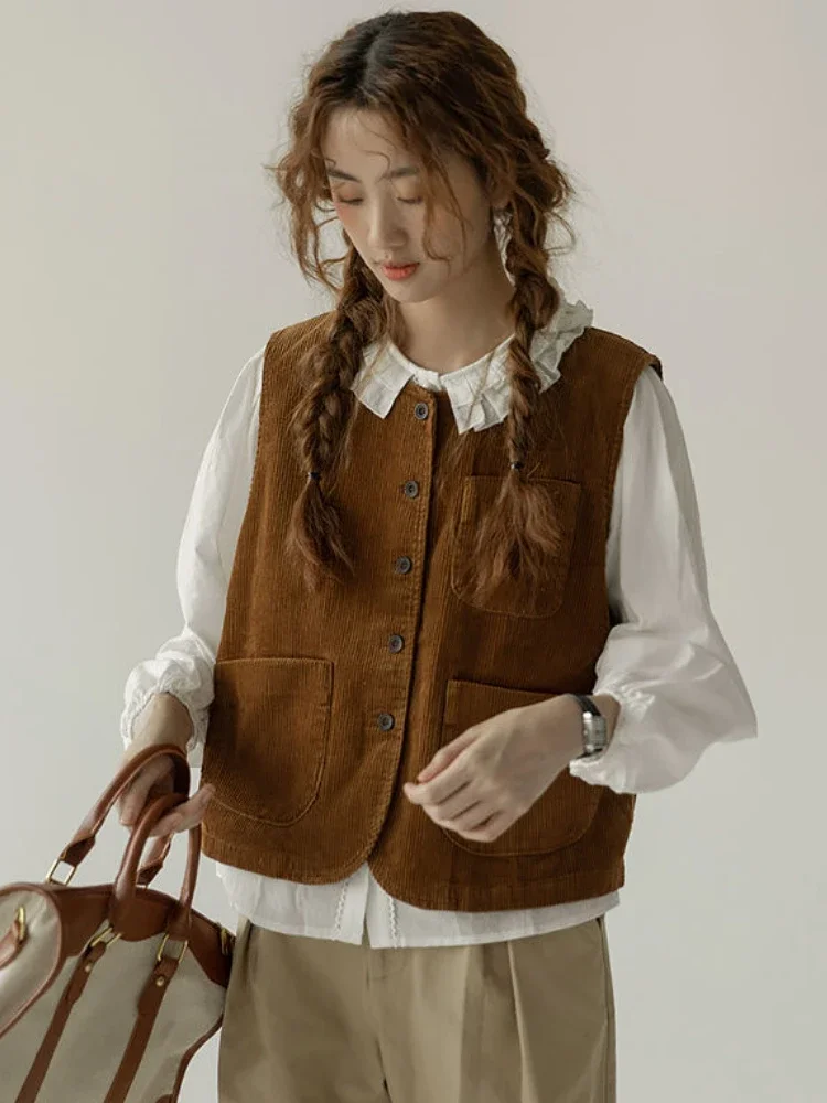 Corduroy Vests Women Loose Korean Style Pockets Single Breasted Cozy All-match Autumn Solid Vintage Fashion Chic Student Outwear