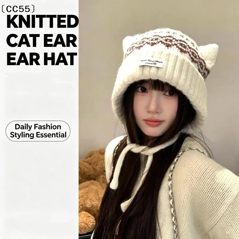 Knitted Cat Ear Beanie With Fleece Lining Face Slimming Effect Suitable For Winter Daily Wear Cold Outdoor Activities〔CC55〕