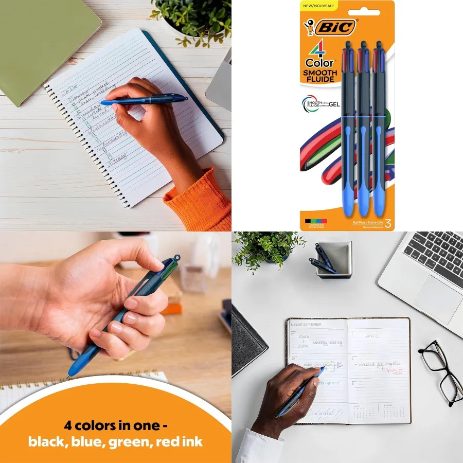 

BIC 4-цветная гладкая выдвижная шариковая ручка 1,0 мм для гладкого потока чернил, упаковка из 3 штук в разных цветах чернил для офиса Sc