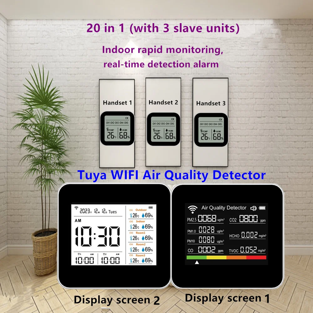 2C018, 20 in 1 Tuya WIFI Air Detection CO2, CO, PM2.5 Formaldehyde TVOC Wireless Temperature and Humidity (with 3 Slave Units)