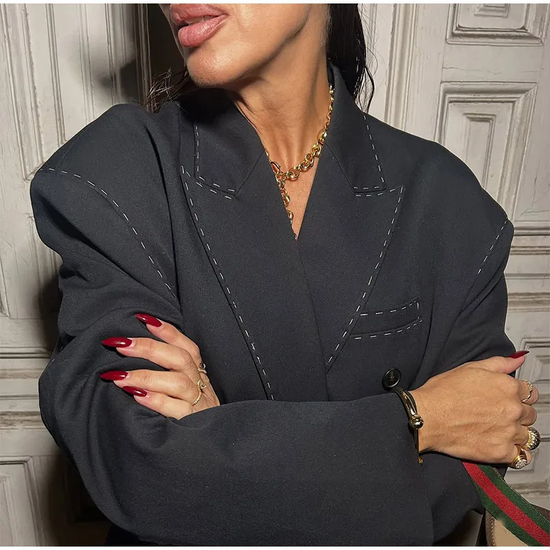 

Casual Quilting Thread Short Coats Women Chic Solid Full Sleeves V-neck Loose Office Jackets 2026 Spring Lady Daily Street Wear