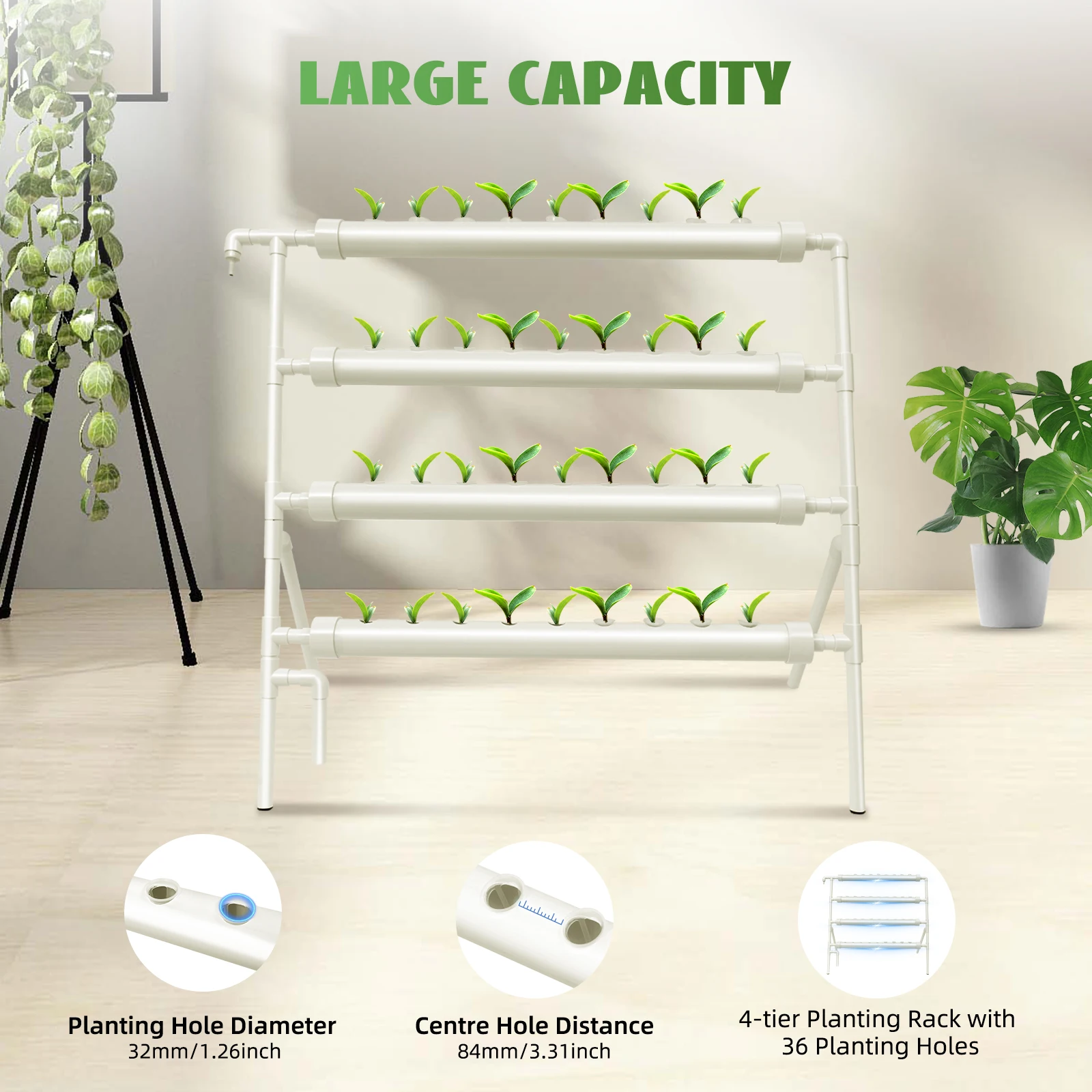 Système de culture hydroponique à 4 niveaux, 36 sites de plantation, kit de culture hydroponique vertical, support de culture de plantes aquatiques en PVC-U pour intérieur avec pompe à eau