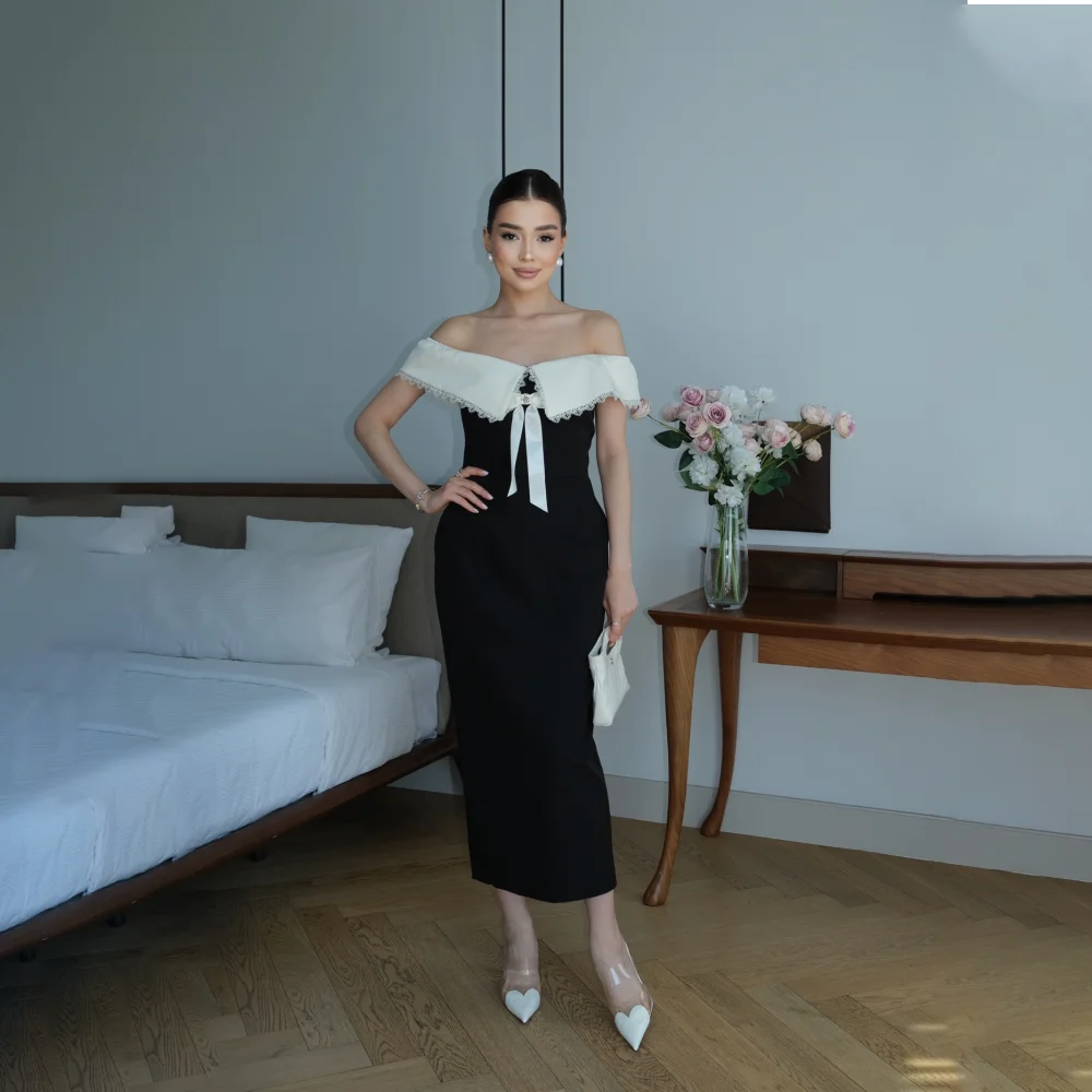 Customized Black White Color Block Off Shoulder Mother Of The Bride Gown Lace Ruffle Bow Split Midi Formal Party Dress