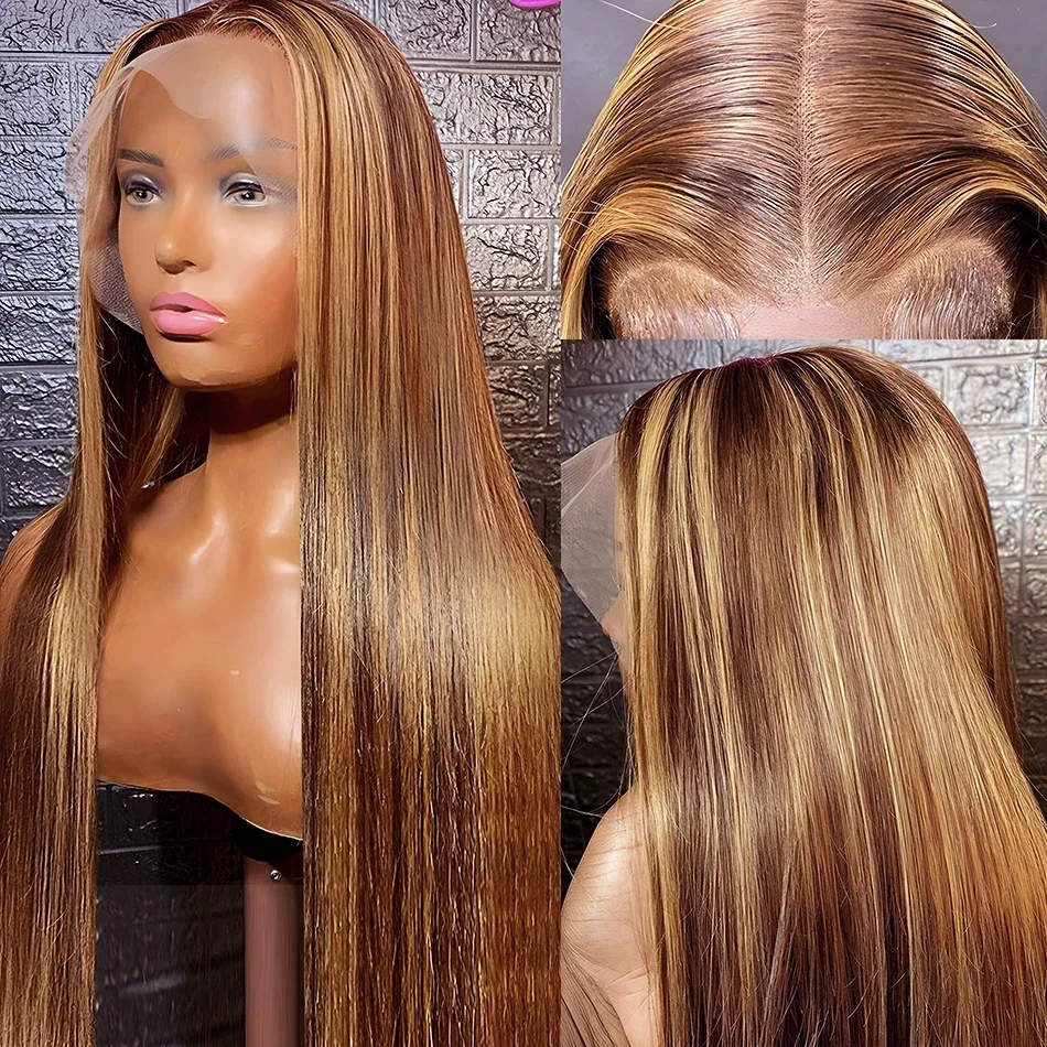 Mel loira peruca colorida para mulheres, destaque reto, frente de renda, cabelo humano, ombre, perucas de renda frontal, 13x4, 30 in, 4/27, 220%