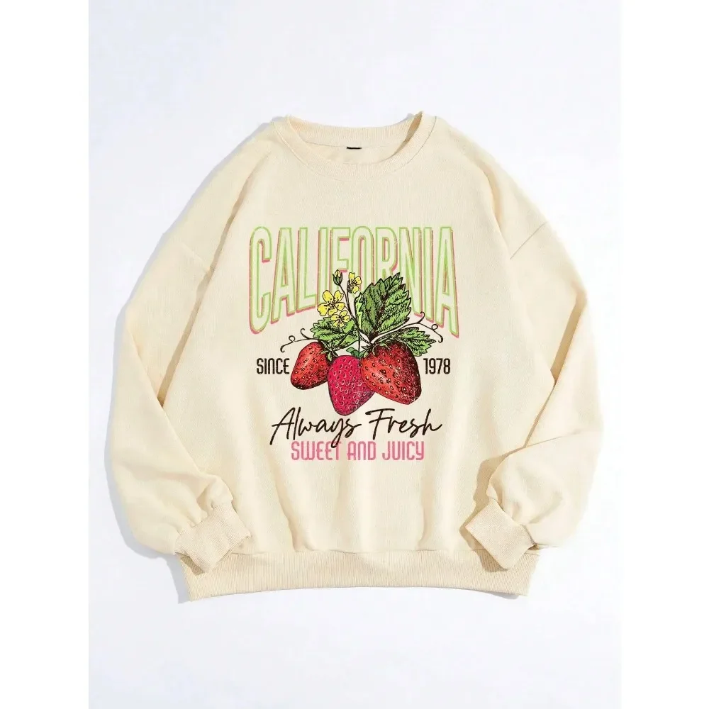 

California Strawberries Printing Hoodies Women's Warm Fleece Hoodie Hip Hop Crewneck Hoody Autumn Simple Oversize Pullover Top