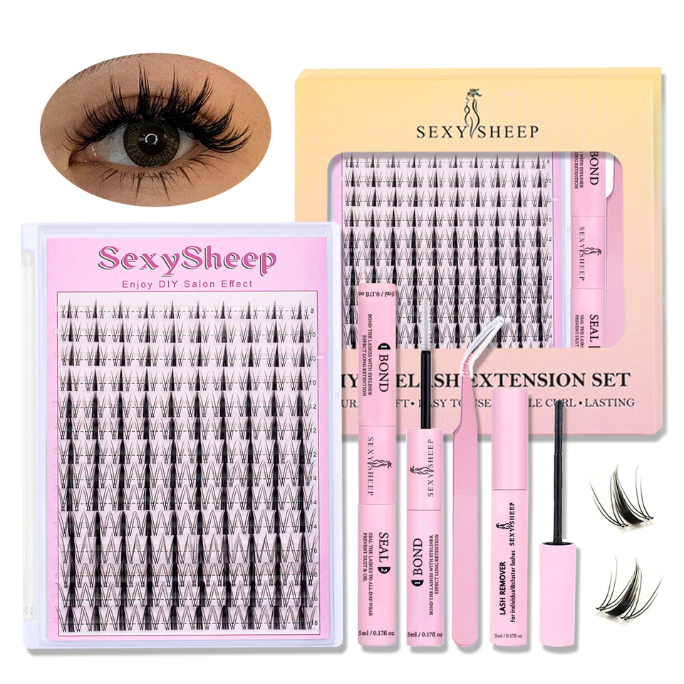 Kit de Extensiones de Pestañas DIY, Juego de Pestañas Naturales en Grupo, Pestañas Individuales Curva D con Pegamento, Sellador, Removedor y Pinzas
