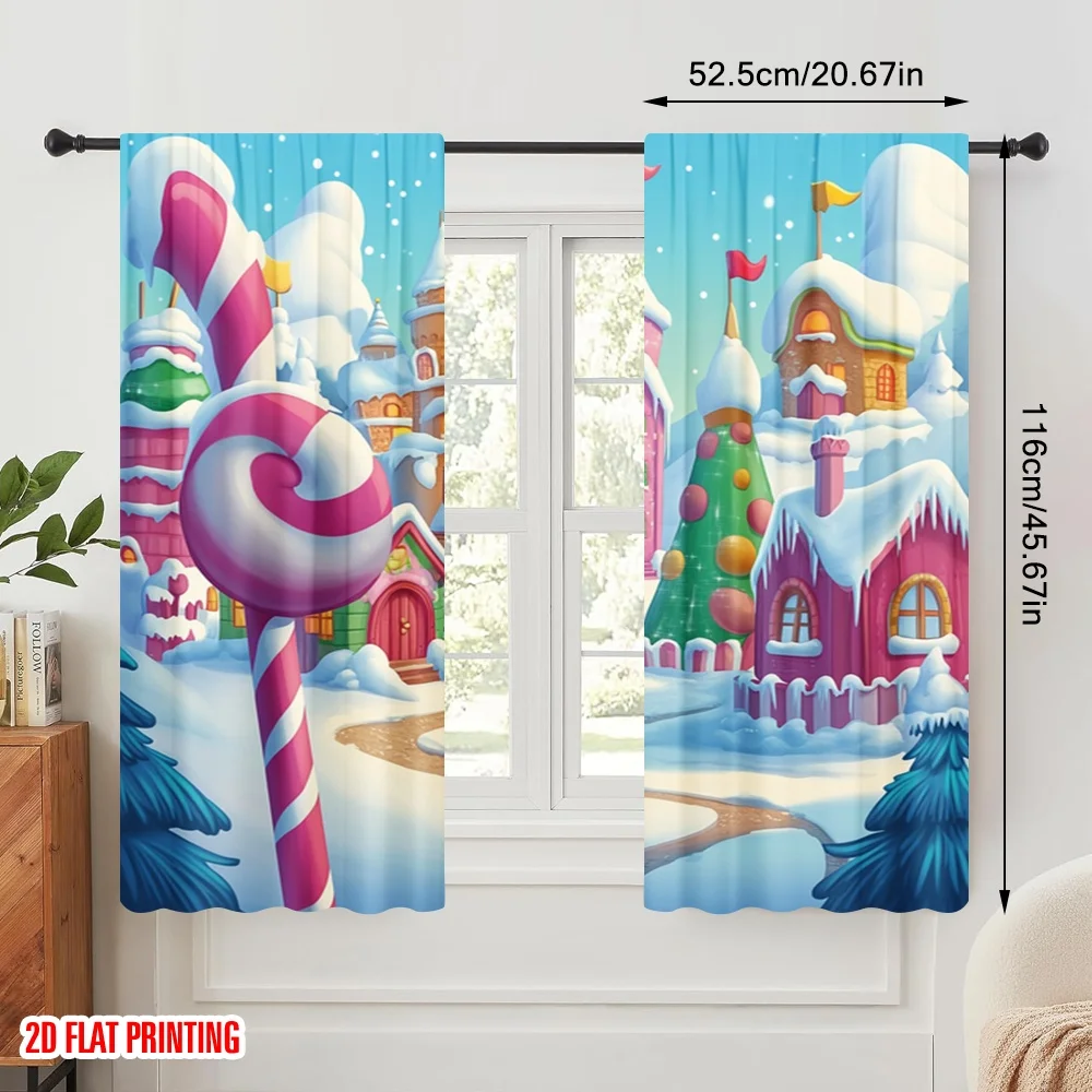 2pcs,2D plane printing Light Filtering Curtains Candy Christmas Village Scene (2) Durable 100% Polyester Fabric (without rod)