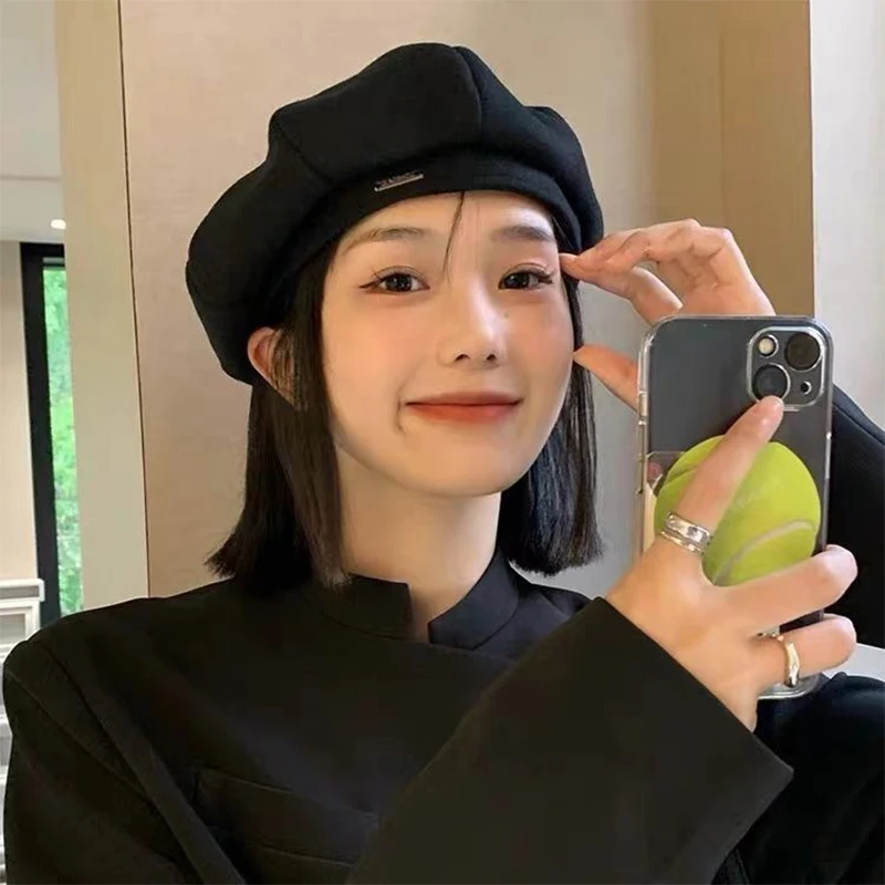 Solid Color Women Octagonal Painter Cap Korean Retro Artist Hat Newsboy Beret Elegant Side Button Detail Daily Wear Lady Gift