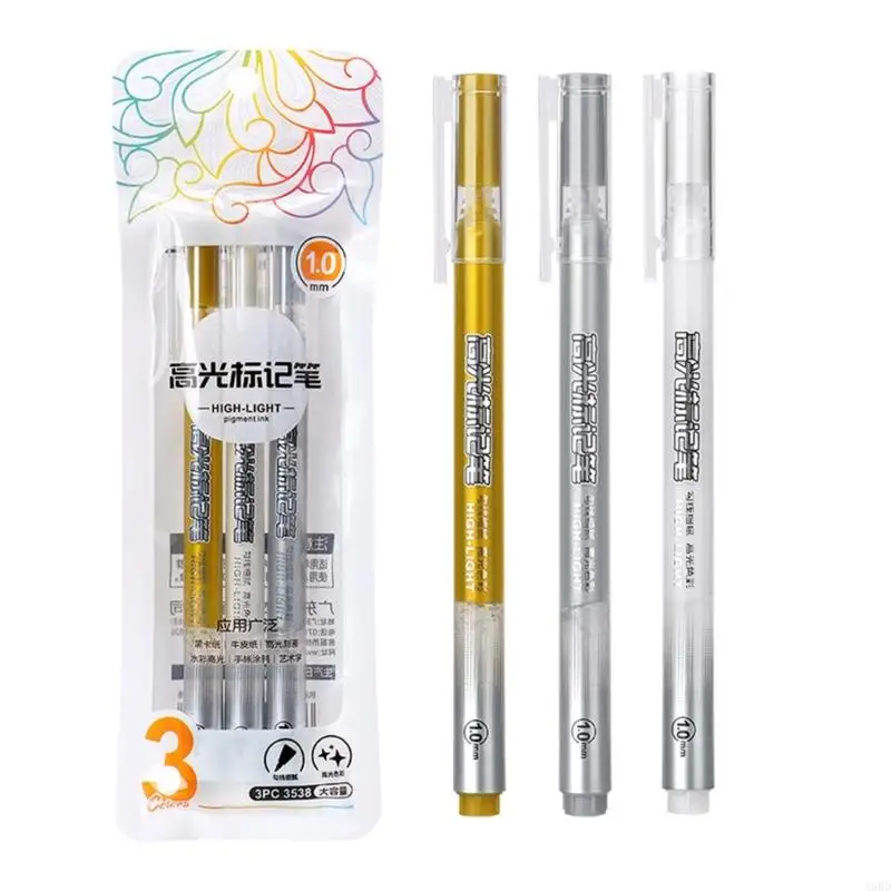 

A9BD 3Pcs Gold Silver White Highlighter Pen 1.0MM Tip Highlighter Marker Pen