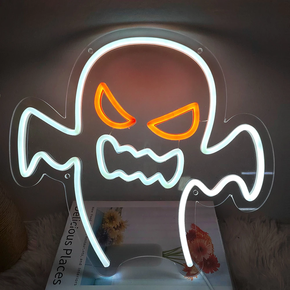 Ghost Neon Sign Anime Neon Signs for Wall Decor, Ghost Light USB Powered LED Sign for Bedroom Kids Room Party Game Room Decor