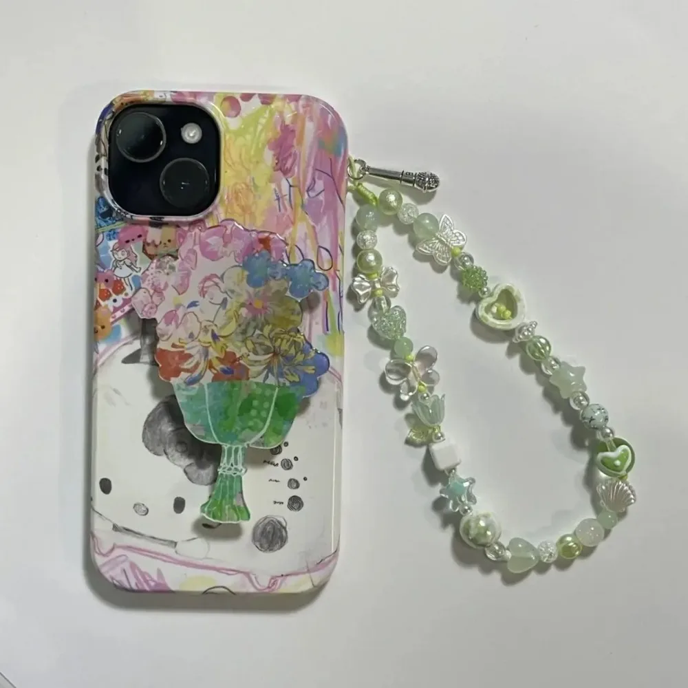 الأخضر زهرة شريط لتعليق الهاتف المحمول الحبل لطيف Kawaii فراشة سحر المفاتيح حالات ل IP 15 Airpods سماعات Ins كوريا الساخن اليدوية