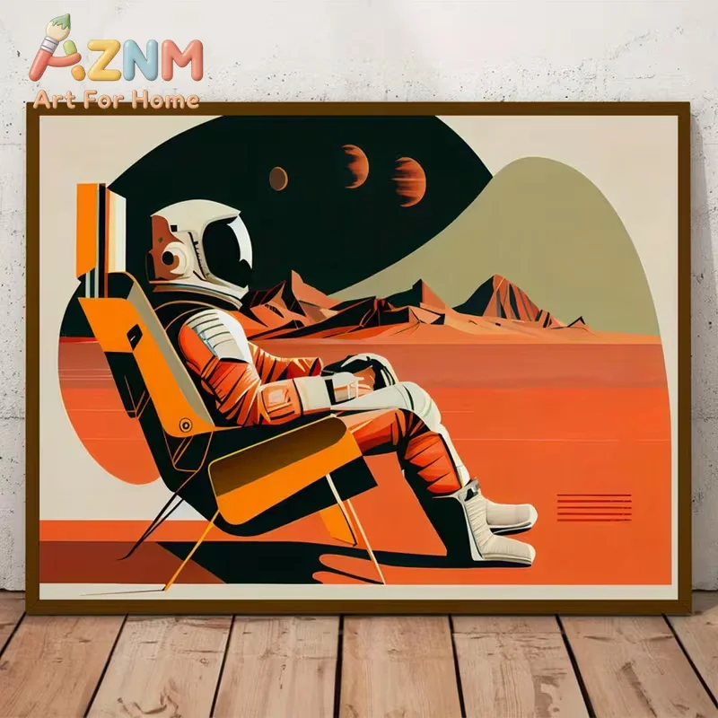 Mid Century Modern Astronaut Art Print Poster - Retro Space Exploration Landscape Canvas Wall Art - Frameless Transverse Art Dec