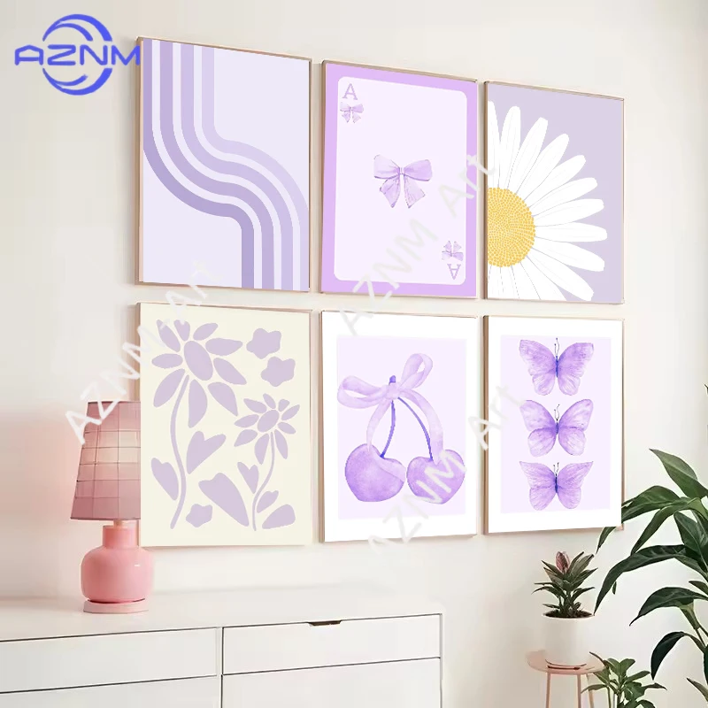 Trendy Watercolor Purpel Bows Balloon Puppy Preppy Posters and Prints Canvas Printing Wall Art Picture for Girls Room Home Decor