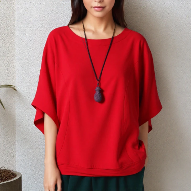 Blusa informal de manga corta con cuello redondo para mujer, Camisa de algodón de Color sólido, Top holgado con manga de murciélago, ropa de casa para mujer 913 #