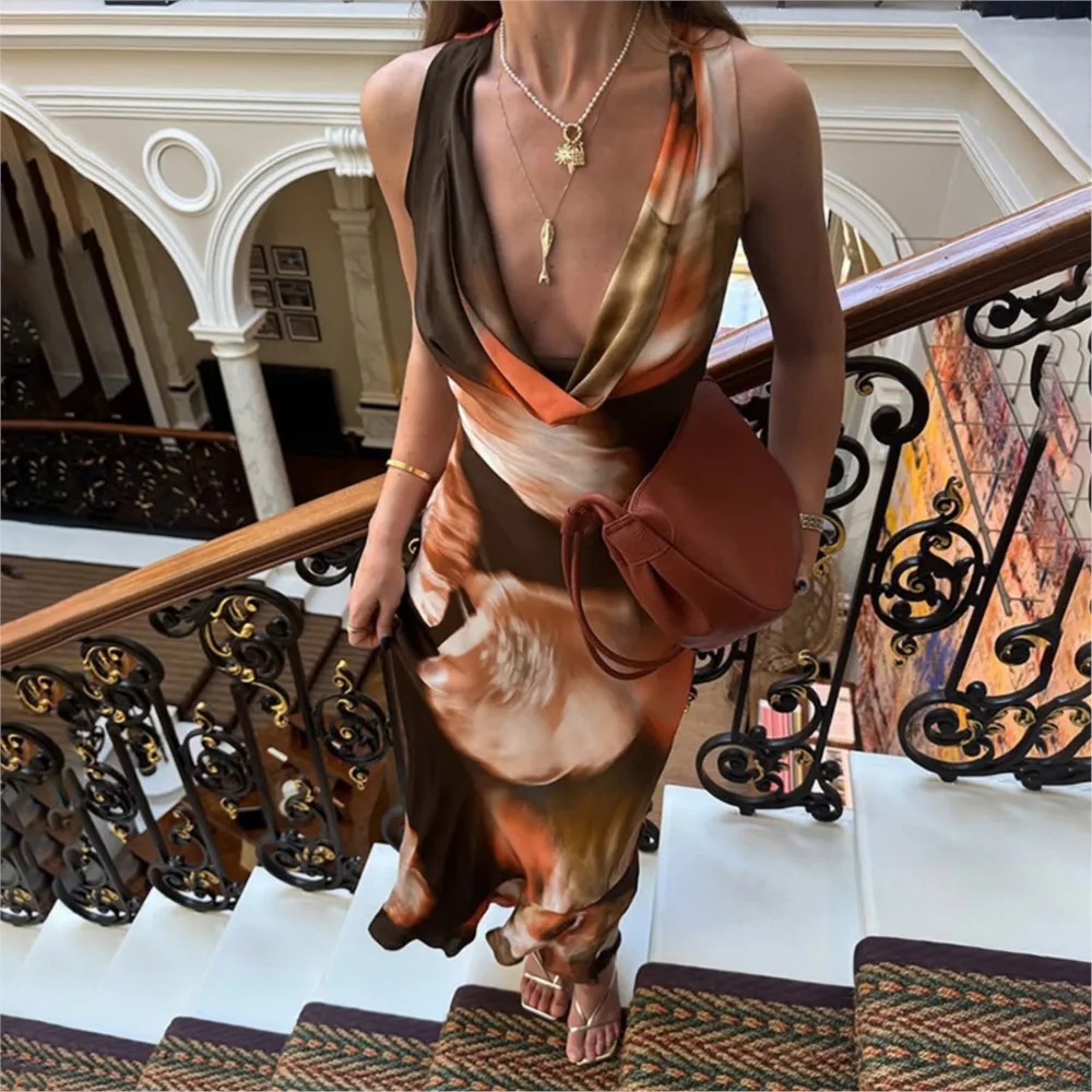 

2026 Summer Dresses For Ladies Women's Casual Dress Vestidos All-match Temperament Slim Fashion Printed Swing Collar Sleeveless