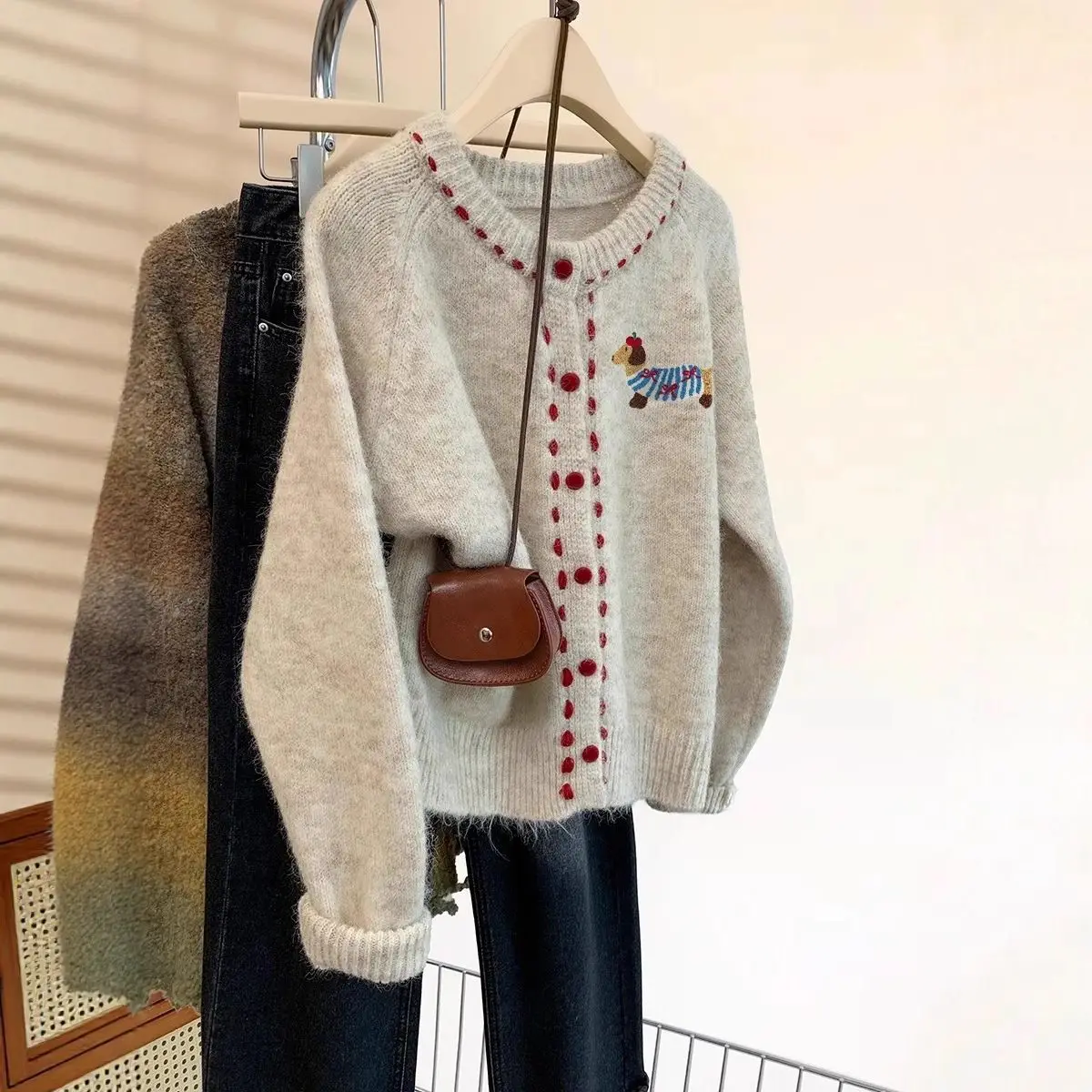 

Кардиган с абрикосовым принтом щенка, осень 2022, толстый вязаный свитер, кокетка, эстетичная мягкая женская верхняя одежда, мода