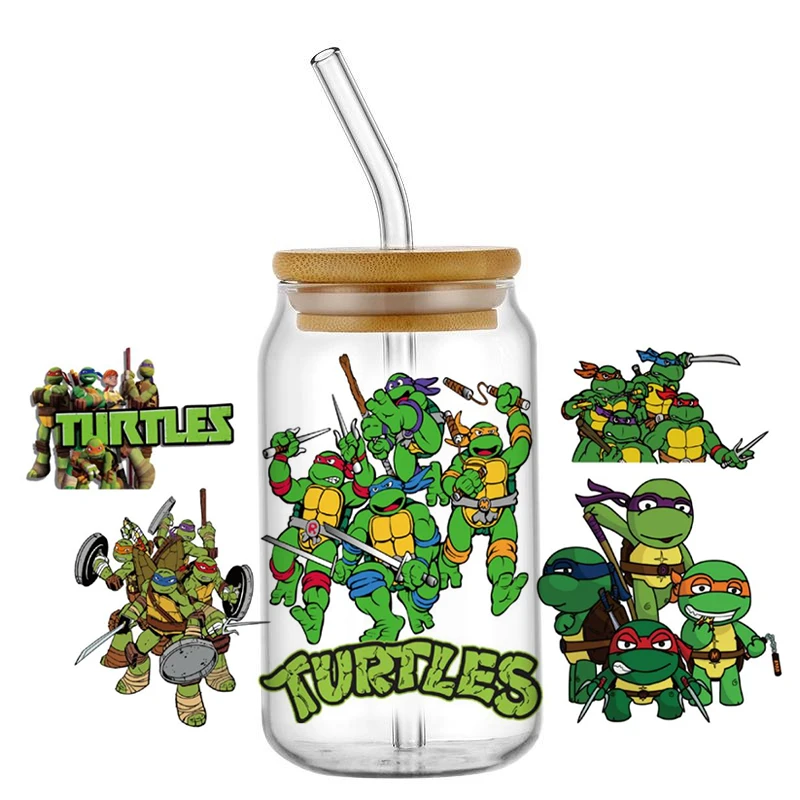 Miniso New Design Cartoon Tortoise Superhero Series Waterproof UV DTF Cup Mug Wraps Sticker UVDTF 3D Decal For 16oz Libbey Glass