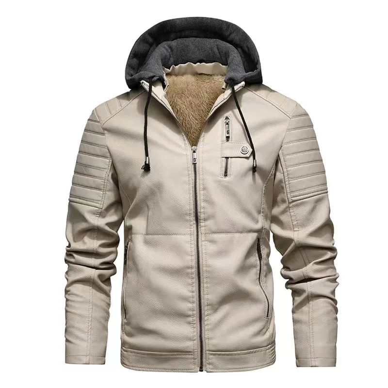 Motorcycle Leather Jacket - Men's Thick Winter Autumn Coat with Hood and Zipper Closure, Formal Stand-Up Collar Outerwear
