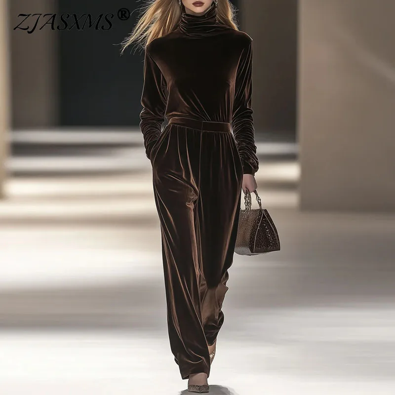 Autumn Winter Solid Soft Velvet 2 Piece Set Woman Casual Turtleneck Top Pullover & Long Pants Sets Fashion Long Sleeve Warm Suit