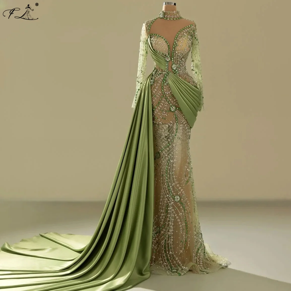 Exquisites Glamouröses Grünes Kristall-Abendkleid mit Hohem Kragen, Langen Ärmeln, Meerjungfrauen-Schnitt, Cocktailkleid für Partys und Bälle, Transparenter Tüll mit Schleppe