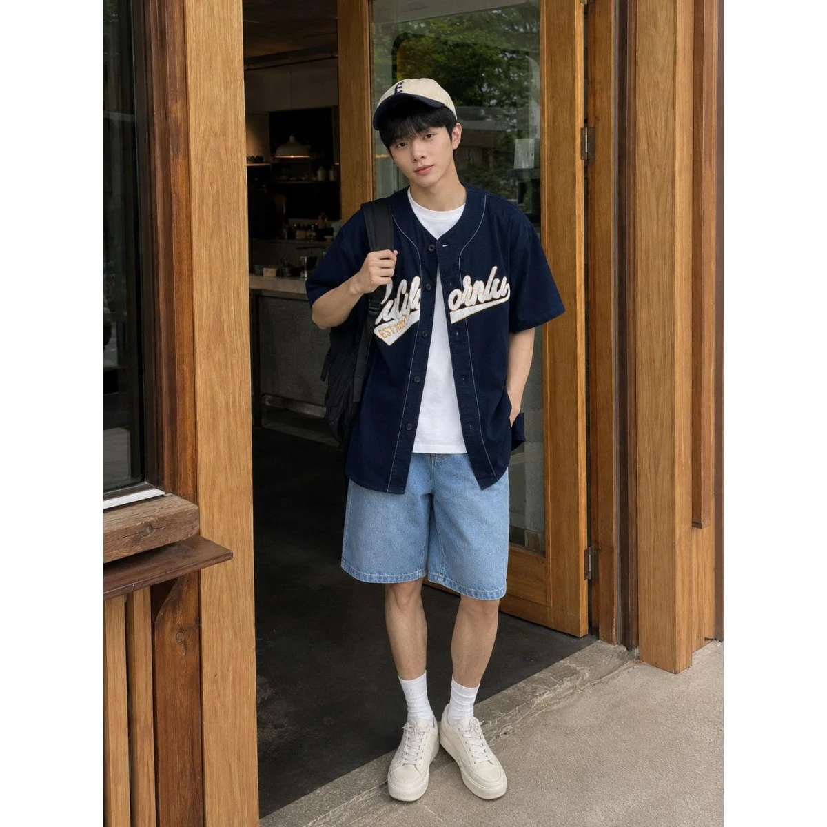 

American Style Baseball Short Sleeve T-Shirt Men's Summer New Collarless Shirt Half Sleeve Retro Embroidery Loose Shirt