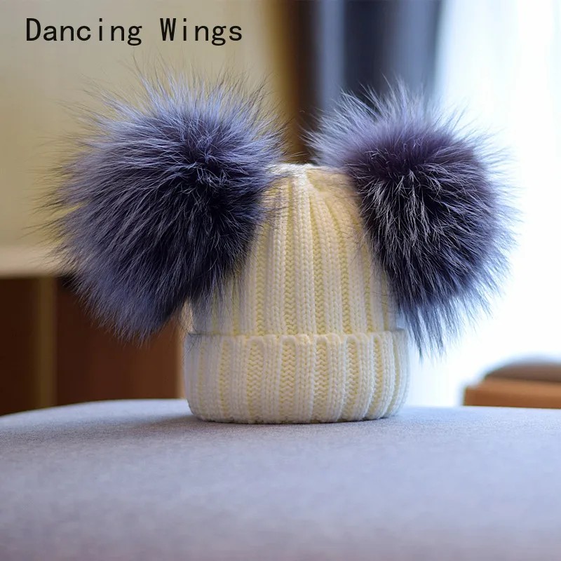 woman wool hats natural fur fox ears hats knitted beanies warm comfortable fashion girls pompom hat with silver fox fur balls