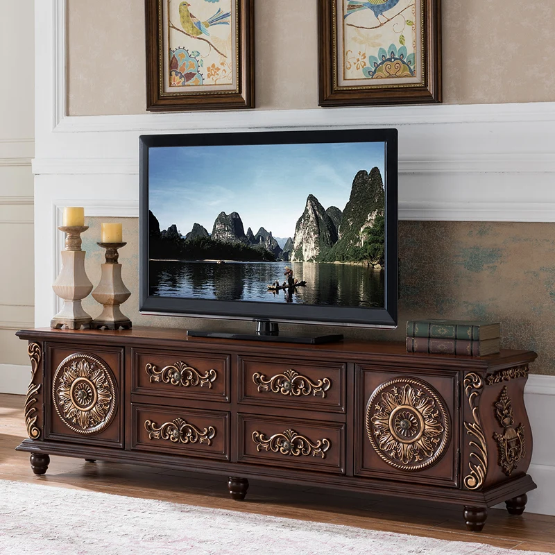 European TV cabinet solid wood American floor cabinet carved retro hand-painted small apartment 1.5 meters 1.8 meters 2 meters l