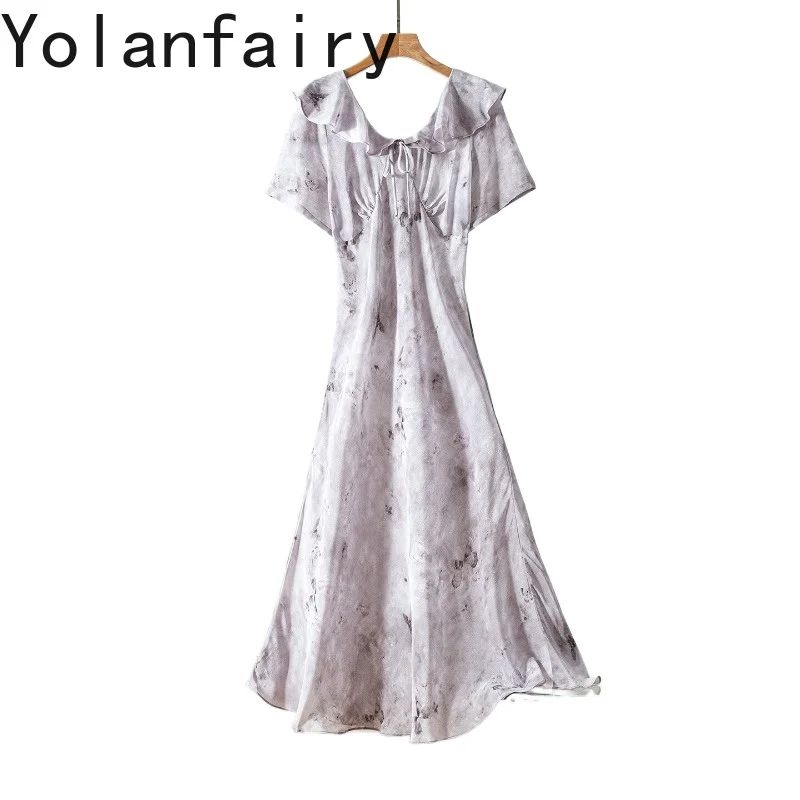 

YOLANFAIRY 100% Natural Mulberry Silk Dresses for Woman Summer 26 Korean Fashion Long Dress Short Sleeve Elegant Dresses Ruffled