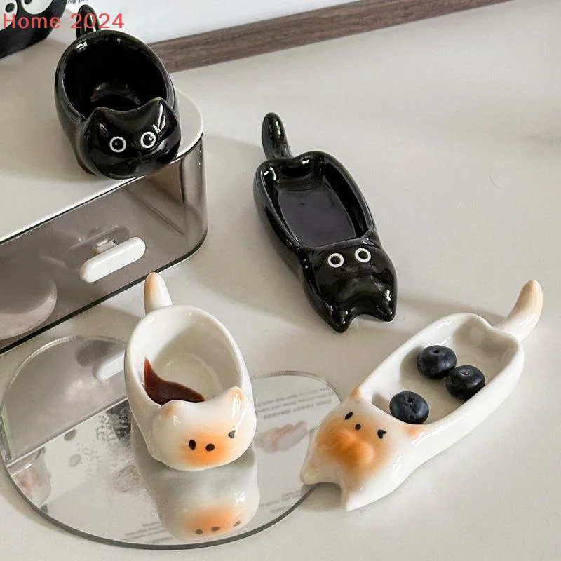 Ceramic Cat-Shaped Mini Dipping Plate Side Dish Small Bowl Home Diningware Kitchen Table Decorative Cat Bowl