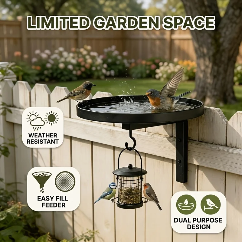 Dual Purpose Fence Mount Bird Bath Tray with Detachable Metal Bird Feeder, Outdoor Patio Wild Bird Drinking Bath Feeding Station