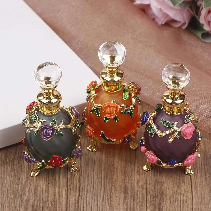 1Pc Dubai 15ML Beauty Salon Flowers Glass Perfume Empty Bottle Vacuum Bottle Essential Oil Olive Oil Reusable Storage Bottle
