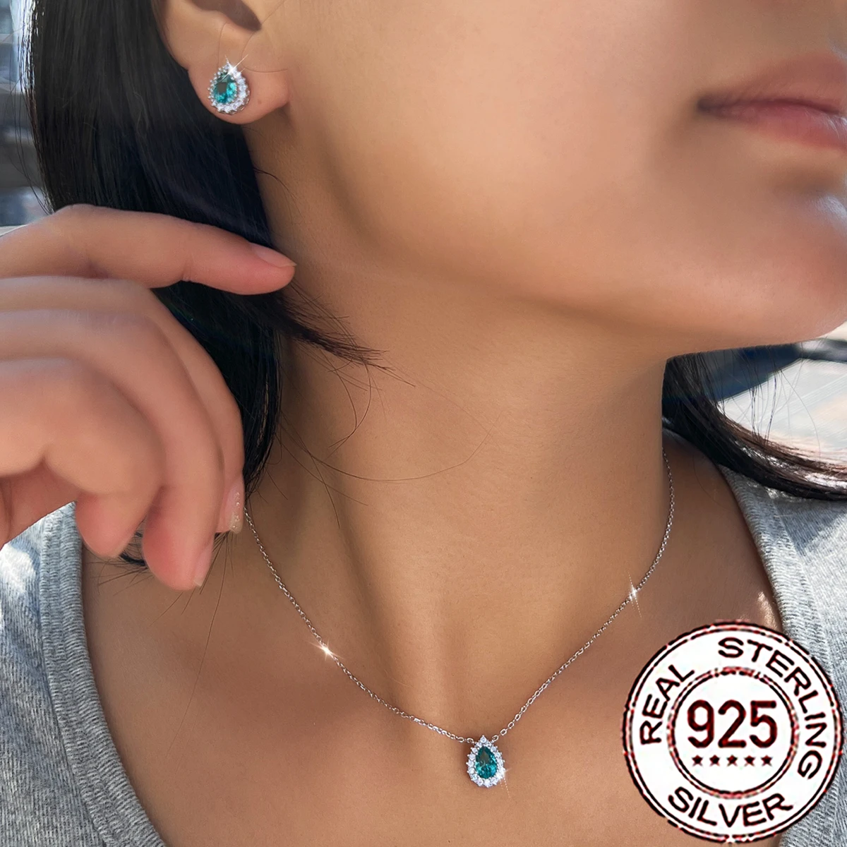 QooLady 925 Silber Luxus Grüner Paraiba-Edelstein und CZ Anhänger Halskette Ohrring-Sets für Damen Hochzeit Party Edelschmuck ST056 – Detail 5